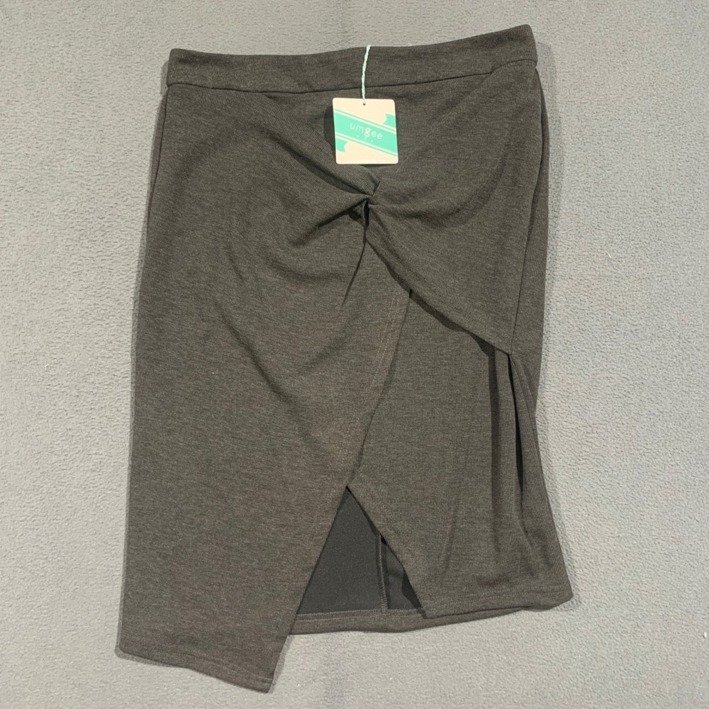 Umgee Pencil Skirt Women L Charcoal Gray Twist Front Asymmetric Ribbed New